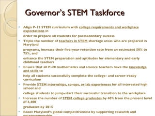 Governor’s STEM Taskforce Align P-12 STEM curriculum with  college requirements and workplace expectations  in order to prepare all students for postsecondary success Triple the number of  teachers in STEM  shortage areas who are prepared in Maryland programs, increase their five-year retention rate from an estimated 50% to 75%, and enhance the STEM preparation and aptitudes for elementary and early childhood teachers Ensure that all P-20 mathematics and science teachers have the  knowledge and skills  to help all students successfully complete the college- and career-ready curriculum Provide  STEM internships, co-ops, or lab experiences  for all interested high school and college students to jump-start their successful transition to the workplace Increase the number of  STEM college graduates  by 40% from the present level of 4,400 graduates by 2015 Boost Maryland’s global competitiveness by supporting research and entrepreneurship Create Maryland’s  STEM Innovation Network  to make STEM resources available to all 