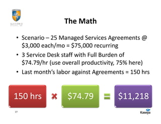 The Math
• Scenario – 25 Managed Services Agreements @
  $3,000 each/mo = $75,000 recurring
• 3 Service Desk staff with Full Burden of
  $74.79/hr (use overall productivity, 75% here)
• Last month’s labor against Agreements = 150 hrs


150 hrs           $74.79             $11,218
17
 