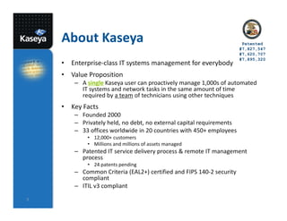 About Kaseya                                                       Patented
                                                                      #7,827,547
                                                                      #7,620,707
                                                                      #7,895,320
    • Enterprise-class IT systems management for everybody
    • Value Proposition
        – A single Kaseya user can proactively manage 1,000s of automated
          IT systems and network tasks in the same amount of time
          required by a team of technicians using other techniques
    • Key Facts
        – Founded 2000
        – Privately held, no debt, no external capital requirements
        – 33 offices worldwide in 20 countries with 450+ employees
            • 12,000+ customers
            • Millions and millions of assets managed
        – Patented IT service delivery process & remote IT management
          process
            • 24 patents pending
        – Common Criteria (EAL2+) certified and FIPS 140-2 security
          compliant
        – ITIL v3 compliant
5
 