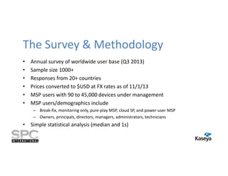 The Survey & Methodology
•
•
•
•
•
•

Annual survey of worldwide user base (Q3 2013)
Sample size 1000+
Responses from 20+ countries
Prices converted to $USD at FX rates as of 11/1/13
MSP users with 90 to 45,000 devices under management
MSP users/demographics include
– Break-fix, monitoring only, pure-play MSP, cloud SP, and power-user MSP
– Owners, principals, directors, managers, administrators, technicians

• Simple statistical analysis (median and 1s)

 