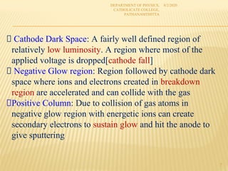 8/2/2020
DEPARTMENT OF PHYSICS,
CATHOLICATE COLLEGE,
PATHANAMTHITTA
7
Cathode Dark Space: A fairly well defined region of
relatively low luminosity. A region where most of the
applied voltage is dropped[cathode fall]
Negative Glow region: Region followed by cathode dark
space where ions and electrons created in breakdown
region are accelerated and can collide with the gas
Positive Column: Due to collision of gas atoms in
negative glow region with energetic ions can create
secondary electrons to sustain glow and hit the anode to
give sputtering
 