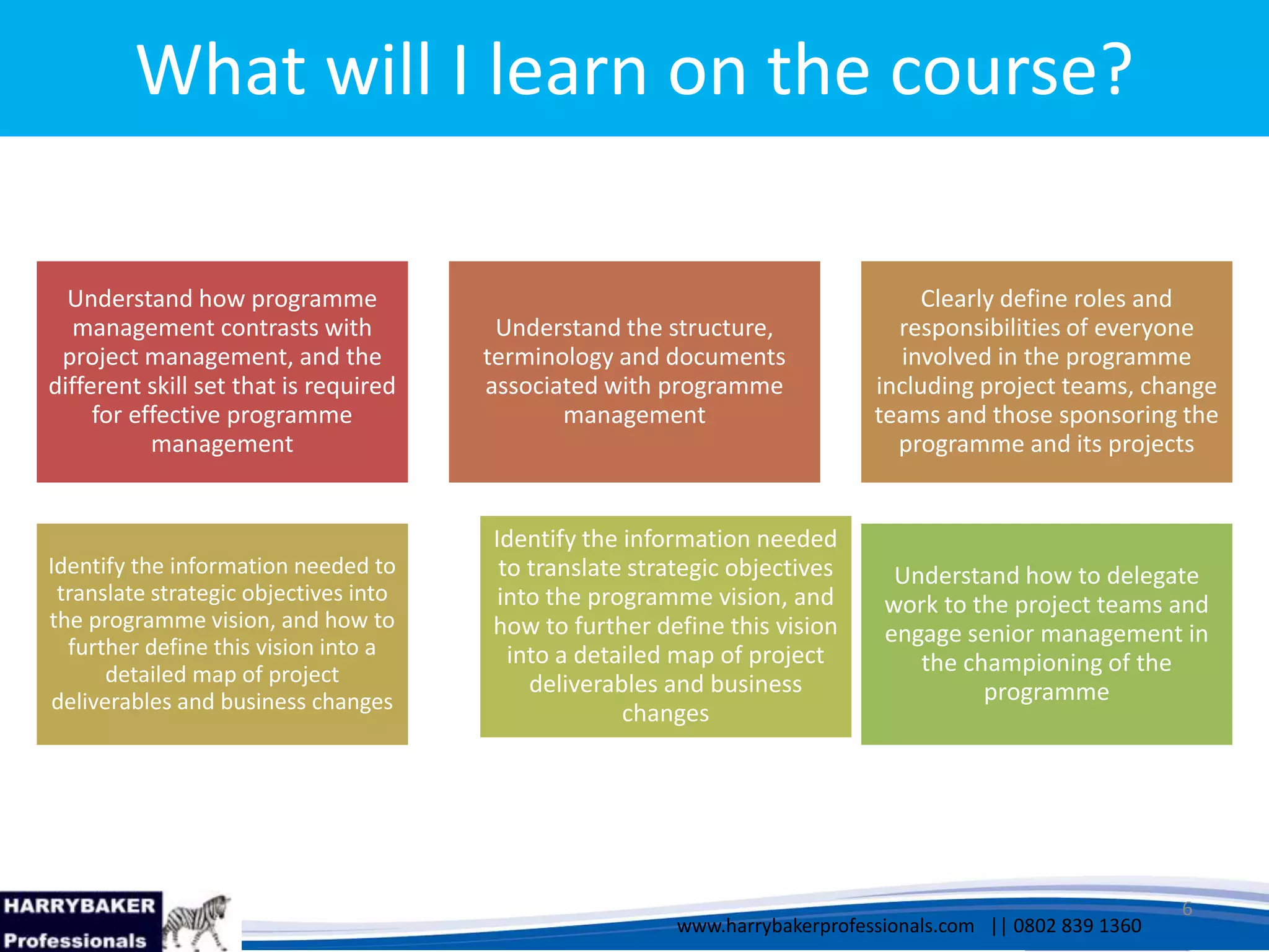 www.harrybakerprofessionals.com | 0802 839 1360
17/03/2014 6
www.harrybakerprofessionals.com || 0802 839 1360
What will I learn on the course?
Understand how programme
management contrasts with
project management, and the
different skill set that is required
for effective programme
management
Understand the structure,
terminology and documents
associated with programme
management
Clearly define roles and
responsibilities of everyone
involved in the programme
including project teams, change
teams and those sponsoring the
programme and its projects
Identify the information needed to
translate strategic objectives into
the programme vision, and how to
further define this vision into a
detailed map of project
deliverables and business changes
Identify the information needed
to translate strategic objectives
into the programme vision, and
how to further define this vision
into a detailed map of project
deliverables and business
changes
Understand how to delegate
work to the project teams and
engage senior management in
the championing of the
programme
 