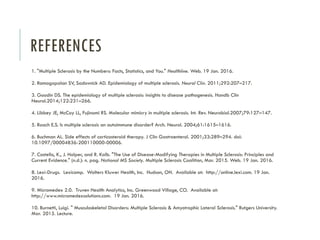 REFERENCES
1. "Multiple Sclerosis by the Numbers: Facts, Statistics, and You." Healthline. Web. 19 Jan. 2016.
2. Ramagopalan SV, Sadovnick AD. Epidemiology of multiple sclerosis. Neurol Clin. 2011;292:207–217.
3. Goodin DS. The epidemiology of multiple sclerosis: insights to disease pathogenesis. Handb Clin
Neurol.2014;122:231–266.
4. Libbey JE, McCoy LL, Fujinami RS. Molecular mimicry in multiple sclerosis. Int. Rev. Neurobiol.2007;79:127–147.
5. Roach E.S. Is multiple sclerosis an autoimmune disorder? Arch. Neurol. 2004;61:1615–1616.
6. Buchman AL. Side effects of corticosteroid therapy. J Clin Gastroenterol. 2001;33:289–294. doi:
10.1097/00004836-200110000-00006.
7. Costello, K., J. Halper, and R. Kalb. "The Use of Disease-Modifying Therapies in Multiple Sclerosis: Principles and
Current Evidence." (n.d.): n. pag. National MS Society. Multiple Sclerosis Coalition, Mar. 2015. Web. 19 Jan. 2016.
8. Lexi-Drugs. Lexicomp. Wolters Kluwer Health, Inc. Hudson, OH. Available at: http://online.lexi.com. 19 Jan.
2016.
9. Micromedex 2.0. Truven Health Analytics, Inc. Greenwood Village, CO. Available at:
http://www.micromedexsolutions.com. 19 Jan. 2016.
10. Burnetti, Luigi. " Musculoskeletal Disorders: Multiple Sclerosis & Amyotrophic Lateral Sclerosis." Rutgers University.
Mar. 2015. Lecture.
 