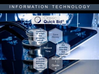 I N F O R M A T I O N T E C H N O L O G Y
Save
Money
Alert
contract
or when
the
projects
are at
risk
Reduce
Time
Integrate
the
quantity
into the
bid
automati
cally
Submi
t
Quote
s
Allow for
ongoing
process
scrutiny
with
qualificat
ion
 