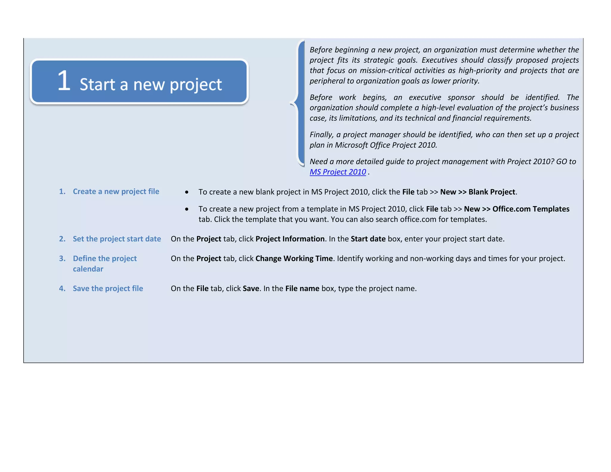 Before beginning a new project, an organization must determine whether the
                                                                         project fits its strategic goals. Executives should classify proposed projects
                                                                         that focus on mission-critical activities as high-priority and projects that are
                                                                         peripheral to organization goals as lower priority.
                                                                         Before work begins, an executive sponsor should be identified. The
                                                                         organization should complete a high-level evaluation of the project’s business
                                                                         case, its limitations, and its technical and financial requirements.
                                                                         Finally, a project manager should be identified, who can then set up a project
                                                                         plan in Microsoft Office Project 2010.
                                                                         Need a more detailed guide to project management with Project 2010? GO to
                                                                         MS Project 2010 .

1. Create a new project file           To create a new blank project in MS Project 2010, click the File tab >> New >> Blank Project.
                                       To create a new project from a template in MS Project 2010, click File tab >> New >> Office.com Templates
                                        tab. Click the template that you want. You can also search office.com for templates.

2. Set the project start date   On the Project tab, click Project Information. In the Start date box, enter your project start date.

3. Define the project           On the Project tab, click Change Working Time. Identify working and non-working days and times for your project.
   calendar

4. Save the project file        On the File tab, click Save. In the File name box, type the project name.
 