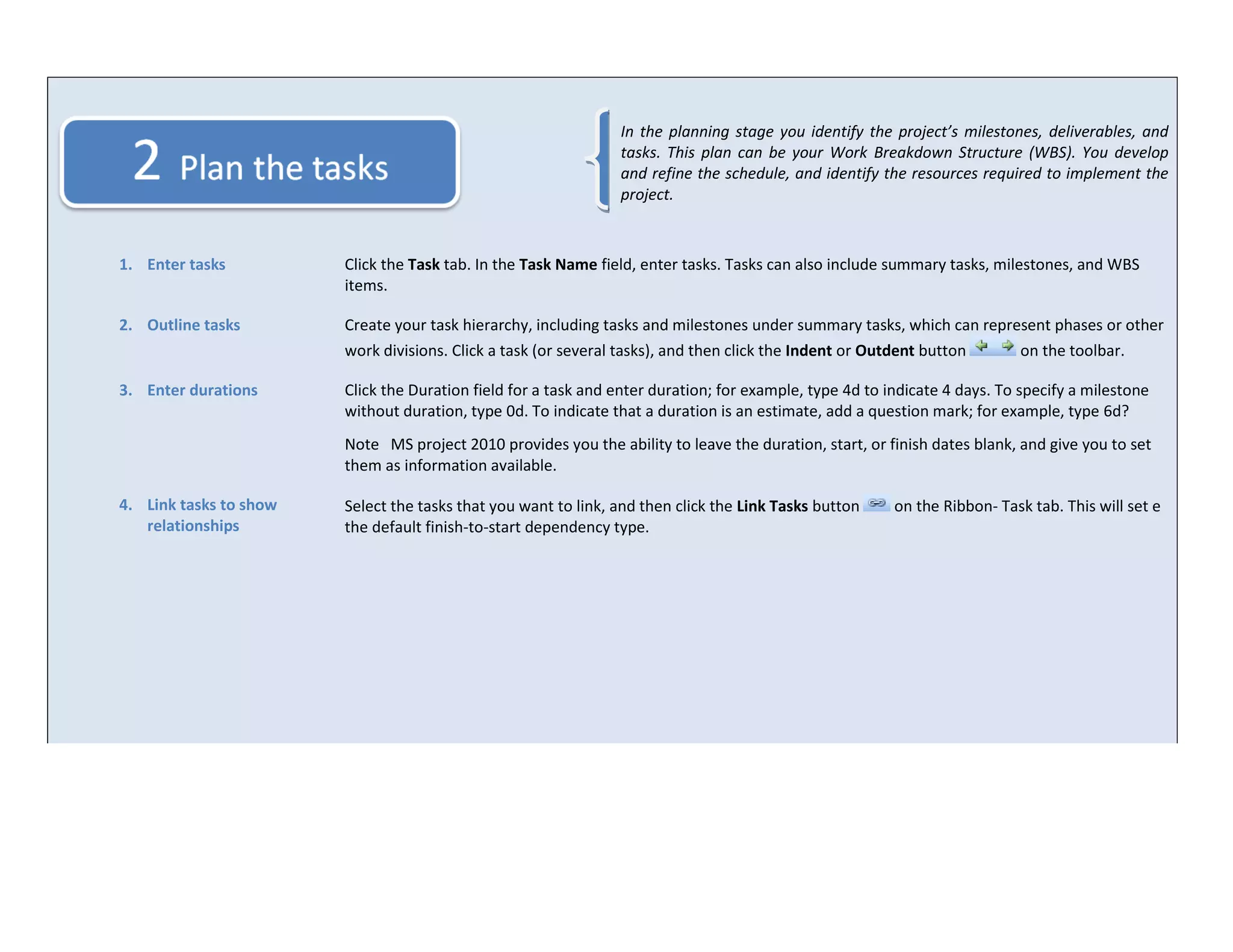 In the planning stage you identify the project’s milestones, deliverables, and
                                                                tasks. This plan can be your Work Breakdown Structure (WBS). You develop
                                                                and refine the schedule, and identify the resources required to implement the
                                                                project.



1. Enter tasks          Click the Task tab. In the Task Name field, enter tasks. Tasks can also include summary tasks, milestones, and WBS
                        items.

2. Outline tasks        Create your task hierarchy, including tasks and milestones under summary tasks, which can represent phases or other
                        work divisions. Click a task (or several tasks), and then click the Indent or Outdent button   on the toolbar.

3. Enter durations      Click the Duration field for a task and enter duration; for example, type 4d to indicate 4 days. To specify a milestone
                        without duration, type 0d. To indicate that a duration is an estimate, add a question mark; for example, type 6d?
                        Note MS project 2010 provides you the ability to leave the duration, start, or finish dates blank, and give you to set
                        them as information available.

4. Link tasks to show   Select the tasks that you want to link, and then click the Link Tasks button     on the Ribbon- Task tab. This will set e
   relationships        the default finish-to-start dependency type.
 