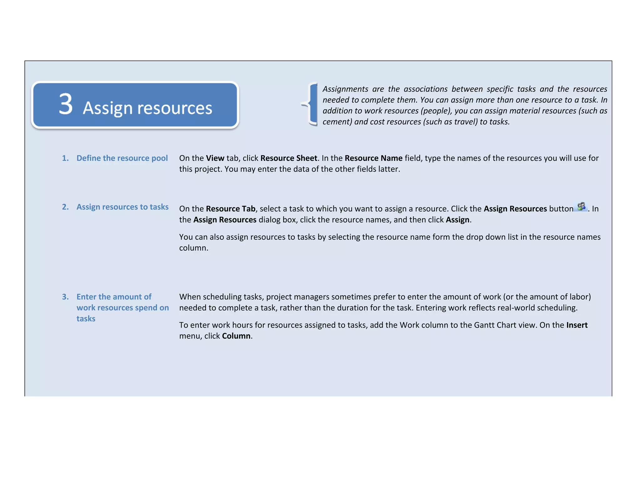 Assignments are the associations between specific tasks and the resources
                                                                      needed to complete them. You can assign more than one resource to a task. In
                                                                      addition to work resources (people), you can assign material resources (such as
                                                                      cement) and cost resources (such as travel) to tasks.



1. Define the resource pool    On the View tab, click Resource Sheet. In the Resource Name field, type the names of the resources you will use for
                               this project. You may enter the data of the other fields latter.



2. Assign resources to tasks   On the Resource Tab, select a task to which you want to assign a resource. Click the Assign Resources button    . In
                               the Assign Resources dialog box, click the resource names, and then click Assign.
                               You can also assign resources to tasks by selecting the resource name form the drop down list in the resource names
                               column.




3. Enter the amount of         When scheduling tasks, project managers sometimes prefer to enter the amount of work (or the amount of labor)
   work resources spend on     needed to complete a task, rather than the duration for the task. Entering work reflects real-world scheduling.
   tasks
                               To enter work hours for resources assigned to tasks, add the Work column to the Gantt Chart view. On the Insert
                               menu, click Column.
 