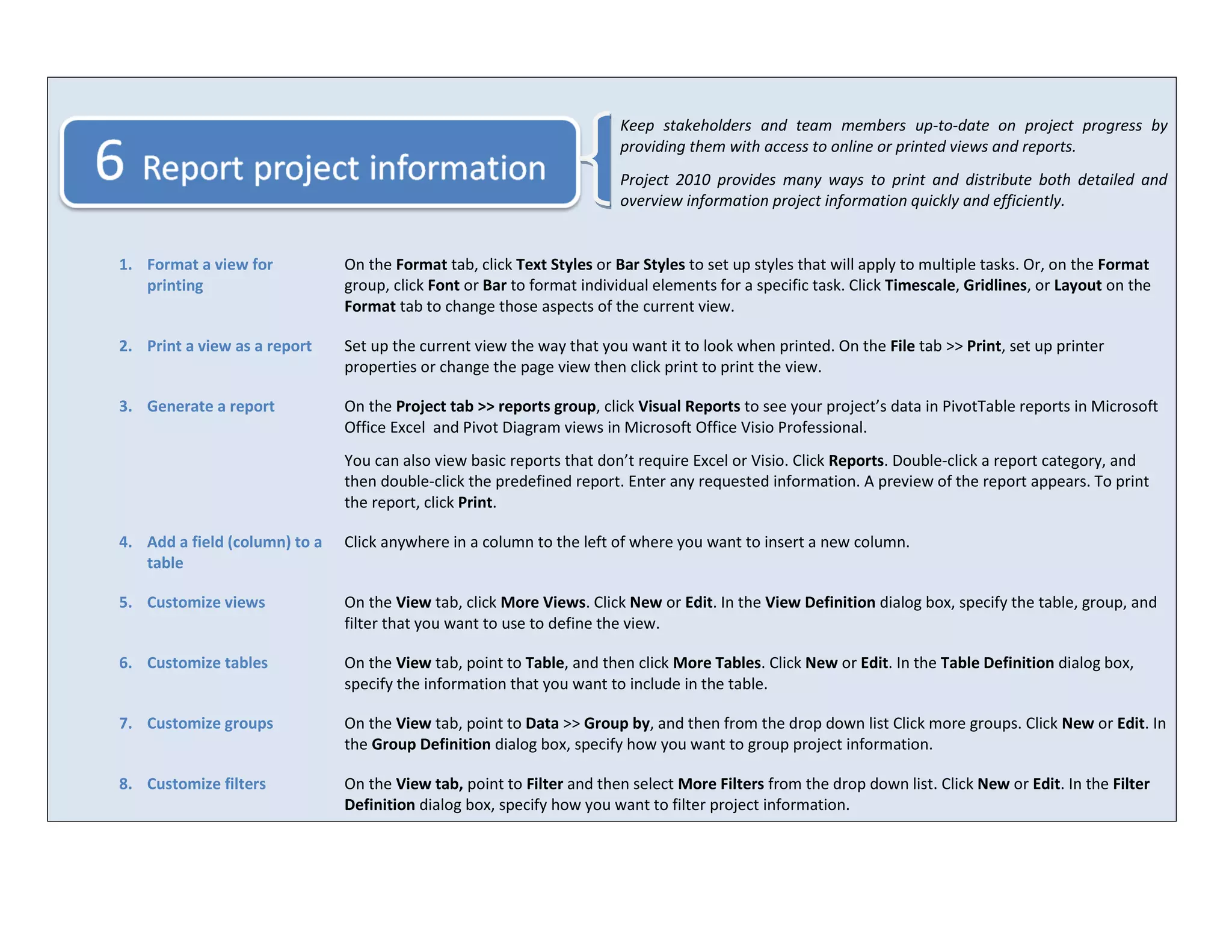 Keep stakeholders and team members up-to-date on project progress by
                                                                        providing them with access to online or printed views and reports.
                                                                        Project 2010 provides many ways to print and distribute both detailed and
                                                                        overview information project information quickly and efficiently.


1. Format a view for           On the Format tab, click Text Styles or Bar Styles to set up styles that will apply to multiple tasks. Or, on the Format
   printing                    group, click Font or Bar to format individual elements for a specific task. Click Timescale, Gridlines, or Layout on the
                               Format tab to change those aspects of the current view.

2. Print a view as a report    Set up the current view the way that you want it to look when printed. On the File tab >> Print, set up printer
                               properties or change the page view then click print to print the view.

3. Generate a report           On the Project tab >> reports group, click Visual Reports to see your project’s data in PivotTable reports in Microsoft
                               Office Excel and Pivot Diagram views in Microsoft Office Visio Professional.
                               You can also view basic reports that don’t require Excel or Visio. Click Reports. Double-click a report category, and
                               then double-click the predefined report. Enter any requested information. A preview of the report appears. To print
                               the report, click Print.

4. Add a field (column) to a   Click anywhere in a column to the left of where you want to insert a new column.
   table

5. Customize views             On the View tab, click More Views. Click New or Edit. In the View Definition dialog box, specify the table, group, and
                               filter that you want to use to define the view.

6. Customize tables            On the View tab, point to Table, and then click More Tables. Click New or Edit. In the Table Definition dialog box,
                               specify the information that you want to include in the table.

7. Customize groups            On the View tab, point to Data >> Group by, and then from the drop down list Click more groups. Click New or Edit. In
                               the Group Definition dialog box, specify how you want to group project information.

8. Customize filters           On the View tab, point to Filter and then select More Filters from the drop down list. Click New or Edit. In the Filter
                               Definition dialog box, specify how you want to filter project information.
 