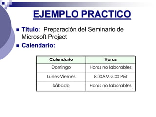 EJEMPLO PRACTICO
   Titulo: Preparación del Seminario de
    Microsoft Project
   Calendario:

             Calendario           Horas
              Domingo       Horas no laborables

            Lunes-Viernes    8:00AM-5:00 PM

              Sábado        Horas no laborables
 