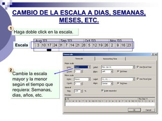 CAMBIO DE LA ESCALA A DIAS, SEMANAS,
                MESES, ETC.
1
    Haga doble click en la escala.

     Escala




2
    Cambie la escala
    mayor y la menor
    según el tiempo que
    requiera: Semanas,
    dias, años, etc.
 