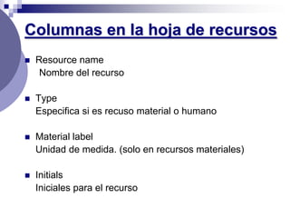 Columnas en la hoja de recursos
   Resource name
     Nombre del recurso

   Type
    Especifica si es recuso material o humano

   Material label
    Unidad de medida. (solo en recursos materiales)

   Initials
    Iniciales para el recurso
 
