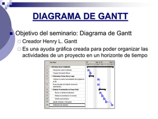 DIAGRAMA DE GANTT
   Objetivo del seminario: Diagrama de Gantt
     Creador  Henry L. Gantt
     Es una ayuda gráfica creada para poder organizar las
      actividades de un proyecto en un horizonte de tiempo
 