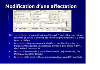Modification d’une affectationModification d’une affectation
UnUn type de tâchetype de tâche est une méthode que Microsoft Project utilise pour calculerest une méthode que Microsoft Project utilise pour calculer
les unités de travail, la durée et des ressources pour une tâche. Il y a troisles unités de travail, la durée et des ressources pour une tâche. Il y a trois
types de tâches:types de tâches:
LaLa capacitécapacité d’une ressource est affectée en modifiant les unités ded’une ressource est affectée en modifiant les unités de
travail. À 100% d’unités, une ressource travaille à plein temps. À 50%,travail. À 100% d’unités, une ressource travaille à plein temps. À 50%,
elle travaille à mi-temps, etc.elle travaille à mi-temps, etc.
LeLe travailtravail représente le nombre d’heure que la (les) ressource(s) faitreprésente le nombre d’heure que la (les) ressource(s) fait
(font) pour compléter la tâche(font) pour compléter la tâche
LaLa duréedurée est le nombre d’heure que ça prend pour compléter une tâche.est le nombre d’heure que ça prend pour compléter une tâche.
 