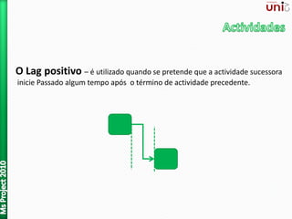 O Lag positivo – é utilizado quando se pretende que a actividade sucessora
inicie Passado algum tempo após o término de actividade precedente.
 