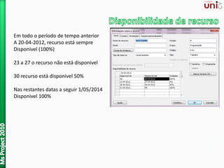 Em todo o período de tempo anterior
A 20-04-2012, recurso está sempre
Disponivel (100%)
23 a 27 o recurso não está disponivel
30 recurso está disponivel 50%
Nas restantes datas a seguir 1/05/2014
Disponivel 100%
 