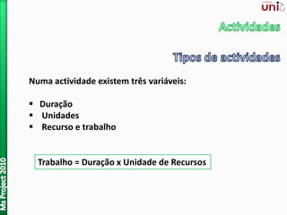 Numa actividade existem três variáveis:
 Duração
 Unidades
 Recurso e trabalho
Trabalho = Duração x Unidade de Recursos
 