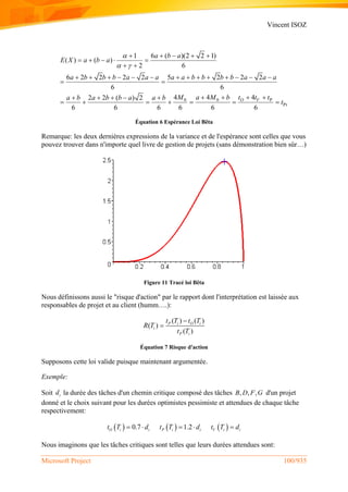 Vincent ISOZ
Microsoft Project 100/935
0 0 P
Pr
1 6 ( )(2 2 1)
( ) ( )
2 6
6 2 2 2 2 5 2 2 2
6 6
4 4 42 2 ( ) 2
6 6 6 6 6 6
O V
a b a
E X a b a
a b b b a a a a a b b b b a a a
M a M b t t ta b a b b a a b
t

 
    
    
 
             
 
       
      
Équation 6 Espérance Loi Bêta
Remarque: les deux dernières expressions de la variance et de l'espérance sont celles que vous
pouvez trouver dans n'importe quel livre de gestion de projets (sans démonstration bien sûr…)
Figure 11 Tracé loi Bêta
Nous définissons aussi le "risque d'action" par le rapport dont l'interprétation est laissée aux
responsables de projet et au client (humm….):
( ) ( )
( )
( )
P i O i
i
P i
t T t T
R T
t T


Équation 7 Risque d'action
Supposons cette loi valide puisque maintenant argumentée.
Exemple:
Soit id la durée des tâches d'un chemin critique composé des tâches , , ,B D F G d'un projet
donné et le choix suivant pour les durées optimistes pessimiste et attendues de chaque tâche
respectivement:
     0.7 1.2O i i P i i V i it T d t T d t T d    
Nous imaginons que les tâches critiques sont telles que leurs durées attendues sont:
 