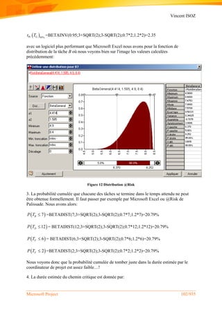 Vincent ISOZ
Microsoft Project 102/935
 Pr 95%Gt T =BETAINV(0.95;3+SQRT(2);3-SQRT(2);0.7*2;1.2*2)=2.35
avec un logiciel plus performant que Microsoft Excel nous avons pour la fonction de
distribution de la tâche B où nous voyons bien sur l'image les valeurs calculées
précédemment:
Figure 12 Distribution @Risk
3. La probabilité cumulée que chacune des tâches se termine dans le temps attendu ne peut
être obtenue formellement. Il faut passer par exemple par Microsoft Excel ou @Risk de
Palissade. Nous avons alors:
 7BP T  =BETADIST(7;3+SQRT(2);3-SQRT(2);0.7*7;1.2*7)=20.79%
 12DP T  = BETADIST(12;3+SQRT(2);3-SQRT(2);0.7*12;1.2*12)=20.79%
 6FP T  = BETADIST(6;3+SQRT(2);3-SQRT(2);0.7*6;1.2*6)=20.79%
 2FP T  =BETADIST(2;3+SQRT(2);3-SQRT(2);0.7*2;1.2*2)=20.79%
Nous voyons donc que la probabilité cumulée de tomber juste dans la durée estimée par le
coordinateur de projet est assez faible…!
4. La durée estimée du chemin critique est donnée par:
 