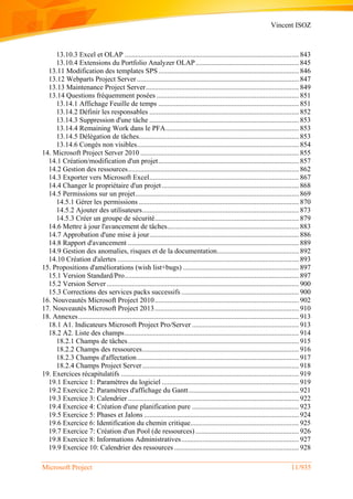 Vincent ISOZ
Microsoft Project 11/935
13.10.3 Excel et OLAP .................................................................................................. 843
13.10.4 Extensions du Portfolio Analyzer OLAP.......................................................... 845
13.11 Modification des templates SPS............................................................................... 846
13.12 Webparts Project Server........................................................................................... 847
13.13 Maintenance Project Server...................................................................................... 849
13.14 Questions fréquemment posées ................................................................................ 851
13.14.1 Affichage Feuille de temps ............................................................................... 851
13.14.2 Définir les responsables .................................................................................... 852
13.14.3 Suppression d'une tâche .................................................................................... 853
13.14.4 Remaining Work dans le PFA........................................................................... 853
13.14.5 Délégation de tâches.......................................................................................... 853
13.14.6 Congés non visibles........................................................................................... 854
14. Microsoft Project Server 2010 ......................................................................................... 855
14.1 Création/modification d'un projet............................................................................... 857
14.2 Gestion des ressources................................................................................................ 862
14.3 Exporter vers Microsoft Excel.................................................................................... 867
14.4 Changer le propriétaire d'un projet............................................................................. 868
14.5 Permissions sur un projet............................................................................................ 869
14.5.1 Gérer les permissions .......................................................................................... 870
14.5.2 Ajouter des utilisateurs........................................................................................ 873
14.5.3 Créer un groupe de sécurité................................................................................. 879
14.6 Mettre à jour l'avancement de tâches.......................................................................... 883
14.7 Approbation d'une mise à jour.................................................................................... 886
14.8 Rapport d'avancement ................................................................................................ 889
14.9 Gestion des anomalies, risques et de la documentation.............................................. 892
14.10 Création d'alertes ...................................................................................................... 893
15. Propositions d'améliorations (wish list+bugs) ................................................................. 897
15.1 Version Standard/Pro.................................................................................................. 897
15.2 Version Server............................................................................................................ 900
15.3 Corrections des services packs successifs .................................................................. 900
16. Nouveautés Microsoft Project 2010................................................................................. 902
17. Nouveautés Microsoft Project 2013................................................................................. 910
18. Annexes............................................................................................................................ 913
18.1 A1. Indicateurs Microsoft Project Pro/Server ............................................................ 913
18.2 A2. Liste des champs.................................................................................................. 914
18.2.1 Champs de tâches................................................................................................ 915
18.2.2 Champs des ressources........................................................................................ 916
18.2.3 Champs d'affectation........................................................................................... 917
18.2.4 Champs Project Server........................................................................................ 918
19. Exercices récapitulatifs .................................................................................................... 919
19.1 Exercice 1: Paramètres du logiciel ............................................................................. 919
19.2 Exercice 2: Paramètres d'affichage du Gantt.............................................................. 921
19.3 Exercice 3: Calendrier ................................................................................................ 922
19.4 Exercice 4: Création d'une planification pure ............................................................ 923
19.5 Exercice 5: Phases et Jalons ....................................................................................... 924
19.6 Exercice 6: Identification du chemin critique............................................................. 925
19.7 Exercice 7: Création d'un Pool (de ressources) .......................................................... 926
19.8 Exercice 8: Informations Administratives.................................................................. 927
19.9 Exercice 10: Calendrier des ressources ...................................................................... 928
 