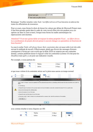 Vincent ISOZ
Microsoft Project 162/935
Remarque: Veuillez remettre votre Task 1 en Effort driven et Fixed duration et enlevez-lui
toutes les affectations de ressources.
Pour ce cours, nous ferons le choix de laisser les valeurs par défaut de Microsoft Project mais
il faut bien prendre garde dans le cadre de votre travail d'être très très prudent avec ces
options car dans le cours avancé, lorsque nous ferons les audits automatiques les
répercussions sont énormes.
Attention!!! Il est rare qu'une tâche ait toujours la même propriété Fixed… ou Effort driven.
Les coordinateurs de projets doivent penser à souvent changer ces paramètres en fonctions de
leurs besoins!!
La case à cocher Tasks will always honor their constraints date est assez utile (voir très utile
suivant la méthode de travail). Effectivement, plutôt que d'avoir des messages d'erreurs
conséquents à l'écran qui vous avertit que la tâche XXX ne respecte pas une contrainte
donnée, certains préférent laisser le logiciel violer les contraintes (comme il le fait pour les
Deadline) mais qu'il y a ait juste une indication visuelle.
Par exemple, si nous partons de:
et que nous violons la la contrainte stricte sur le jalon nous aurons en temps normal:
avec comme résultat si nous cliquons sur OK:
 