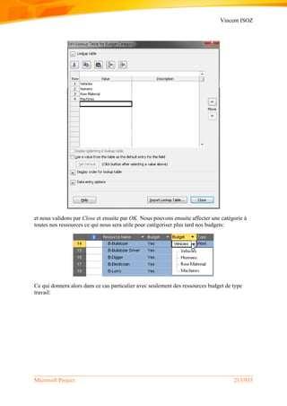 Vincent ISOZ
Microsoft Project 213/935
et nous validons par Close et ensuite par OK. Nous pouvons ensuite affecter une catégorie à
toutes nos ressources ce qui nous sera utile pour catégoriser plus tard nos budgets:
Ce qui donnera alors dans ce cas particulier avec seulement des ressources budget de type
travail:
 