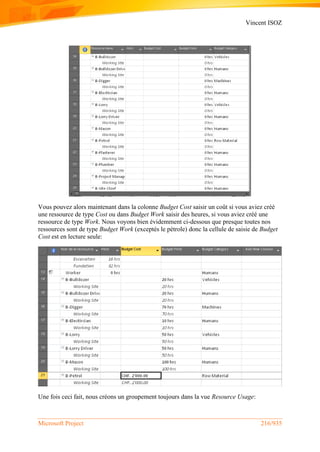 Vincent ISOZ
Microsoft Project 216/935
Vous pouvez alors maintenant dans la colonne Budget Cost saisir un coût si vous aviez créé
une ressource de type Cost ou dans Budget Work saisir des heures, si vous aviez créé une
ressource de type Work. Nous voyons bien évidemment ci-dessous que presque toutes nos
ressources sont de type Budget Work (exceptés le pétrole) donc la cellule de saisie de Budget
Cost est en lecture seule:
Une fois ceci fait, nous créons un groupement toujours dans la vue Resource Usage:
 