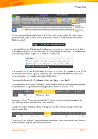 Vincent ISOZ
Microsoft Project 225/935
Dorénavant depuis Microsoft Project 2010, il faut savoir que par défaut Microsoft Project
créent toutes les tâche en mode Manually Schedule comme le monte le texte dans la barre
d'état du logiciel:
ce qui signifie que par défaut toutes les tâches que vous créez peuvent ne pas avoir de date et
ne seront pas impactées par les liaisons avec les autres tâches. Pour changer ce comportement
l'utilisateur peut à loisir cliquer sur le statut de la barre d'état:
et se mettre en mode Auto Scheduled et il se retrouvera alors avec le comportement par défaut
des anciennes versions du logiciel. En laissant pour l'instant le mode Manually Scheduled
observons quelques cas typiques génériques d'utilisation.
Premier cas le plus simple: Création de tâches sans dates et sans durée
Donc dorénavant, si vous créez une tâche typique dont les dates ne vous intéressent pas alors
en tapant le nom, le logiciel vous laisse la possibilité de laisser les dates vides:
Remarque: Le logo avec en particulier le "?" visible restera tant qu'il manquer une des
trois informations suivantes Duration, Start ou Finish.
Vous pouvez même mettre une durée et le logiciel vous laissera toujours la possibilité de
n'avoir aucune date:
Chose encore plus curieuse... mais néanmoins intéressante, vous pouvez mettre une ressource
et il vous laissera toujours n'indiquer aucune date:
 