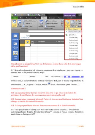 Vincent ISOZ
Microsoft Project 259/935
Par définition, le groupe lorsqu'il n'y pas de liaisons a comme durée celle de la plus longue
tâche qu'elle contient!
R7. Nous allons également voir comment couper une tâche en plusieurs morceaux comme ci-
dessous pour la maçonnerie de notre projet:
Pour ce faire, il faut créer la tâche normale d'une durée de 5 jours et ensuite couper la tâche en
morceaux de {1,1,2,1} jours à l'aide du bouton et ce, visuellement (pour l'instant…).
Remarques sur R7:
R'1. Le découpage d'une tâche est chose très utile pour ce qui est de la résolution des
problèmes de suraffection des ressources que nous traiterons plus tard.
R'2. Dans certaines versions de Microsoft Project, il n'est pas possible (bug ou limitation?) de
changer la couleur des barres fractionnées.
R'3. Il n'est pas possible de faire une liaison sur un morceau de la tâche fractionnée!
R8. Vous pouvez dans le champ Start date d'une tâche saisir la valeur w32 ceci calculera
automatique la date de début de votre tâche à la 32ème
semaine de l'année courante (la notation
équivalente en français est s32)
 