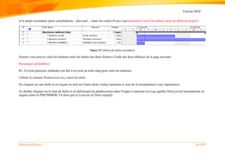 Vincent ISOZ
Microsoft Project 261/935
et le projet secondaire (pour consolidation – plus tard…) dans SecondaryProject.mpt (attention à avoir les mêmes dates de début du projet!):
Figure 22 Tableau des tâches secondaires
Ensuite vous pouvez créer les relations entre les tâches des deux fichiers à l'aide des deux tableaux de la page suivante:
Remarques (préalables):
R1. Il existe plusieurs méthodes (au fait il en exite au total cinq) pour créer les relations:
Utiliser la colonne Predecessors et y saisir les infos
En cliquant sur une tâche et en traçant un trait sur l'autre tâche voulue (attention le sens de la manipulation à une importance)
En double cliquant sur le nom de tâche et en définissant les prédécesseurs dans l'onglet ci-dessous (où Lag signifie Délai positif normalement en
anglais selon le PMI/PMBOK V4 alors que le Lead est un Délai négatif):
 