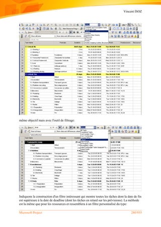 Vincent ISOZ
Microsoft Project 280/935
même objectif mais avec l'outil de filtrage:
Indiquons la construction d'un filtre intéressant qui montre toutes les tâches dont la date de fin
est supérieure à la date de deadline (dont les tâches en retard sur les prévisions). La méthode
est la même que pour les ressources et ressemblera à un filtre personnalisé du type:
 