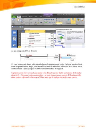 Vincent ISOZ
Microsoft Project 297/935
ce qui aura pour effet de donner:
Et vous pourrez vérifier à loisir dans la ligne récapitulative du projet (la ligne numéro 0) ou
dans les propriétés du projet, que la durée de la tâche a bien été soustraite de la durée totale,
contrairement à ceux qui possèdent la version Standard du logiciel.
Signalons pour clore ce sujet que quand vous désactivez une tâche, les liaisons de la tâche
désactivée – bien que toujours dessinées – ne sont plus prises en compte. Il faudra prendre
donc garde à rajouter les liaisons qu'il faut pour que la logique du projet reste correct.
 