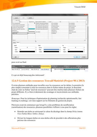 Vincent ISOZ
Microsoft Project 304/935
pour avoir au final:
Ce qui est déjà beaucoup plus intéressant!
12.6.5 Gestion des ressources Travail/Matériel (Project 98 à 2013)
Il existe plusieurs méthodes pour travailler avec les ressources sur les tâches: la première (la
plus simple) consistant à créer les ressources dans le fichier même du projet, la deuxième
étant de créer un fichier "pool de ressources" pouvant être réutilisé dans plusieurs fichiers de
projet différents. Il y a bien évidemment des avantages et inconvénients aux méthodes
précitées.
Remarque: Pour les techniques d'optimisation de planning (recherche opérationnelle, fast
tracking et crashing), voir mon support sur les Éléments de gestion de projets.
Précisons avant de commencer que lorsqu'il y a des problèmes de suraffectation
(surutilisation) des ressources, plusieurs possibilités s'offrent à vous pour les régler:
 Retarder une tâche en saisisssant la valeur du décalage dans le champ Delay (menu
View/Tables/More Tables: Delay)
 Diviser les longues tâches en sous-tâches afin de procéder à des affectations plus
précises des ressources
 