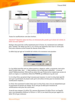 Vincent ISOZ
Microsoft Project 353/935
Toutes les suraffectations sont donc résolues.
Attention!!! Quand la valeur du Delay est strictement plus grande que la durée de la tâche, la
tâche sera aussi splittée!!!
Quelque chose peut-être confus maintenant pour le lecteur. Il y maintenant trois méthodes
pour "retarder" des tâches (au fait il y en a encore une quatrième mais nous la verrons plus
loin) alors refaisons un bref résumé de chacune d'entre elles.
Le délai (lag) qui agit sur la totalité de la tâche et les ressources sous-jacentes:
Le Lag (délai) peut-être saisi en valeurs positives, négatives, nulles, en pourcent, ainsi qu'en
durée écoulée (eday, ehrs, …). Mais attention c'est un délai prévu (planifié)… et non un
retard! Malheureusement, Microsoft (au même titre que Primavera) ne respecte pas au jour où
j'écris ces lignes, le vocabulaire officiel du PMBOK qui différencie Lag de Lead.
Le Leveling Delay qui permet d'agir ressource par ressource. Le mot Leveling étant spécifié
pour que le gestionnaire de projets sache qu'il a été utilisé à la base pour la résolution d'une
suraffectation simpliste….
Le Delay fait exactement la même chose que Leveling Delay mais c'est son interprétation par
le gestionnaire de projets qui change. On ne met pas un délai pour résolution de
suraffectations mais pour une raison autre.
Avant de nous attaquer à la tâche Tile, passons directement à la tâche Plaster sur laquelle
nous vous demandons d'affecter le Plasterer à 100% et un retard d'un jour par rapport à la
tâche Tile tel que ci-dessous:
 