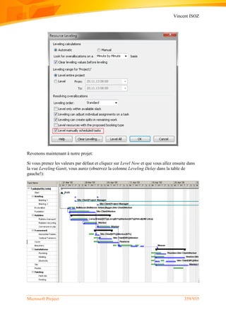 Vincent ISOZ
Microsoft Project 359/935
Revenons maintenant à notre projet:
Si vous prenez les valeurs par défaut et cliquez sur Level Now et que vous allez ensuite dans
la vue Leveling Gantt, vous aurez (observez la colonne Leveling Delay dans la table de
gauche!):
 