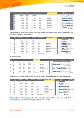 Vincent ISOZ
Microsoft Project 370/935
Annulez l'audit et la case à cocher Level only within available slack et mettez maintenant une
deuxième ressource sur la Task 5:
et lancez l'audit:
Le comportement est cohérent. En forçant le respect des deadlines et marges, nous avons:
Annulez l'audit et le respect des deadlines et marges et mettez Steve Jobs aussi sur la Task 7
uniquement sur la première heure (de même sur la Task 5):
 