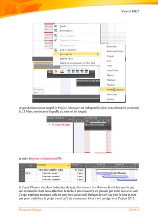 Vincent ISOZ
Microsoft Project 380/935
ce qui donnera (pour rappel le Project Manager est indisponible dans son calendrier personnel
le 21 Mars, raison pour laquelle ce jour est en rouge):
et aussi (horreur et damnation!!!):
le Team Planner met des contraintes du type Start no earlier than sur les tâches quelle que
soit la manière dont nous affectons la tâche à une ressource en passant par cette nouvelle vue!
Ce qui explique pourquoi cela ne peut être qu'un outil basique de suivi au jour le jour et non
pas pour modéliser le projet avant qu'il ne commence. Ceci a été corrigé avec Project 2013.
 