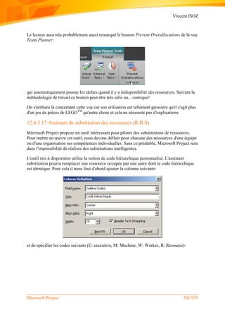 Vincent ISOZ
Microsoft Project 381/935
Le lecteur aura très probablement aussi remarqué le bouton Prevent Overallocations de la vue
Team Planner:
qui automatiquement pousse les tâches quand il y a indisponibilité des ressources. Suivant la
méthodologie de travail ce bouton peut être très utile ou... comique!
On s'arrêtera là concernant cette vue car son utilisation est tellement grossière qu'il s'agit plus
d'un jeu de pièces de LEGOTM
qu'autre chose et cela ne nécessite pas d'explications.
12.6.5.17 Assistant de substitution des ressources (R.B.S)
Microsoft Project propose un outil intéressant pour piloter des substitutions de ressources.
Pour mettre en œuvre cet outil, nous devons définir pour chacune des ressources d'une équipe
ou d'une organisation ses compétences individuelles. Sans ce préalable, Microsoft Project sera
dans l'impossibilité de réaliser des substitutions intelligentes.
L'outil mis à disposition utilise la notion de code hiérarchique personnalisé. L'assistant
substitution pourra remplacer une ressource occupée par une autre dont le code hiérarchique
est identique. Pour cela il nous faut d'abord ajouter la colonne suivante:
et de spécifier les codes suivants (E: executive, M: Machine, W: Worker, R: Resource):
 
