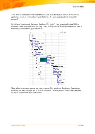 Vincent ISOZ
Microsoft Project 399/935
Vous pouvez aisément à l'aide de la baseline voir les différences ci-dessus. Vous pouvez
également observer comment est réparti le travail des ressources à présent si vous êtes
curieux!
En utilisant l'assistant de formatage du Gantt (qui n'existe plus dans Project 2010 et
ultérieur) ou en activant la vue Tracking Gantt, vous pouvez afficher la comparaison avec la
baseline qui ressemblera grosso modo à:
Nous allons voir maintenant ce que nous pouvons faire au niveau du pilotage du projet en
commençant notre exemple sur la tâche Excavation. Dans un premier temps, nous pouvons
activer la vue suivante pour cette tâche:
 