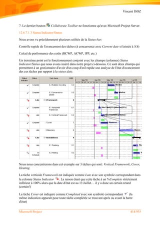 Vincent ISOZ
Microsoft Project 414/935
7. Le dernier bouton Collaborate Toolbar ne fonctionne qu'avec Microsoft Project Server.
12.6.7.1.3 Status Indicator/Status
Nous avons vu précédemment plusieurs utilités de la Status bar:
Contrôle rapide de l'avancement des tâches (à concurrence avec Current date si laissée à NA)
Calcul de performance des coûts (BCWP, ACWP, IPP, etc.)
Un troisième point est le fonctionnement conjoint avec les champs (colonnes) Status
Indicator/Status que nous avons inséré dans notre projet ci-dessous. Ce sont deux champs qui
permettent à un gestionnaire d'avoir d'un coup d'œil rapide une analyse de l'état d'avancement
des ces tâches par rapport à la status date.
Nous nous concentrerons dans cet exemple sur 3 tâches qui sont: Vertical Framework, Cover,
Heating.
La tâche verticale Framework est indiquée comme Late avec son symbole correspondant dans
la colonne Status Indicator . La raison étant que cette tâche à un %Complete strictement
inférieur à 100% alors que la date d'état est au 13 Juillet… il y a donc un certain retard
(certain!)
La tâche Cover est indiquée comme Completed avec son symbole correspondant (la
même indication apparaît pour toute tâche complétée se trouvant après ou avant la barre
d'état)
 