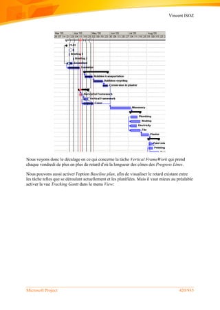 Vincent ISOZ
Microsoft Project 420/935
Nous voyons donc le décalage en ce qui concerne la tâche Vertical FrameWork qui prend
chaque vendredi de plus en plus de retard d'où la longueur des cônes des Progress Lines.
Nous pouvons aussi activer l'option Baseline plan, afin de visualiser le retard existant entre
les tâche telles que se déroulant actuellement et les planifiées. Mais il vaut mieux au préalable
activer la vue Tracking Gantt dans le menu View:
 