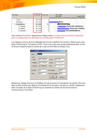 Vincent ISOZ
Microsoft Project 431/935
Une colonne Fixed Cost apparaît pour chaque tâche. La valeur saisie sera bien évidemment
prise en compte dans les statistiques de coût du projet! Vérifiez-le!
Les champs Actual et Remain dépendent du travail complété (%Complete). Mettez pour notre
tâche Plumbering le %Complete à 50%. Vous verrez que nous aurons maintenant dans Actual
et Remain respectivement la moitié de ce qui est écrit dans le champ Total:
Quand aux champs Duration il n'indique rien de nouveau (il correspond à la colonne Duration
dans la table d'entrée des tâches) et le champ Work non plus, cela peut se vérifier simplement
dans l'exemple de la tâche Plumbering en sommant la somme du travail de toutes le
ressources qui y travaillent:
 