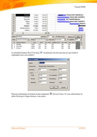 Vincent ISOZ
Microsoft Project 432/935
Le prochain bouton Work Tracking ne présente rien de nouveau (ce qui n'enlève
cependant rien à son utilité!):
Passons maintenant au bouton le plus important Earned Value. Si vous sélectionnez la
tâche Heating et cliquez dessus, vous aurez:
 