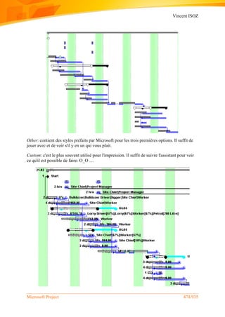 Vincent ISOZ
Microsoft Project 474/935
Other: contient des styles préfaits par Microsoft pour les trois premières options. Il suffit de
jouer avec et de voir s'il y en un qui vous plait.
Custom: c'est le plus souvent utilisé pour l'impression. Il suffit de suivre l'assistant pour voir
ce qu'il est possible de faire: O_O …
 