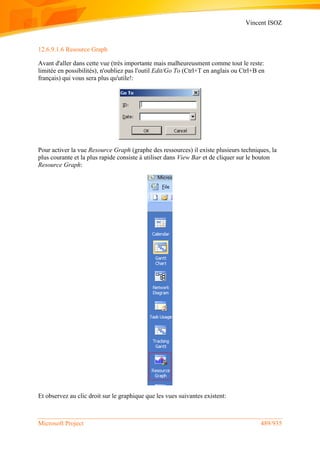 Vincent ISOZ
Microsoft Project 489/935
12.6.9.1.6 Resource Graph
Avant d'aller dans cette vue (très importante mais malheureusment comme tout le reste:
limitée en possibilités), n'oubliez pas l'outil Edit/Go To (Ctrl+T en anglais ou Ctrl+B en
français) qui vous sera plus qu'utile!:
Pour activer la vue Resource Graph (graphe des ressources) il existe plusieurs techniques, la
plus courante et la plus rapide consiste à utiliser dans View Bar et de cliquer sur le bouton
Resource Graph:
Et observez au clic droit sur le graphique que les vues suivantes existent:
 
