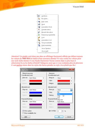 Vincent ISOZ
Microsoft Project 491/935
Attention! Un graphe seul (donc pas dans un affichage fractionné) affiche par défaut toujours
les valeurs de TOUTES les tâches d'une ressource donnée! Si vous voulez les valeurs pour
une seule tâche donnée il vous faudra fractionner l'écran comme déjà vu plus haut et
sélectionner la ou les tâches d'intérêt! Indiquons aussi que si vous souhaitez plus de précision
il vaut parfois mieux dans les styles des barres prendre un style Area plutôt que Bar:
 