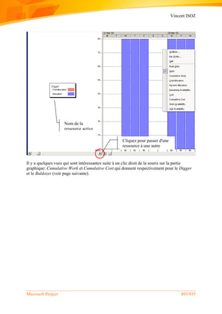 Vincent ISOZ
Microsoft Project 493/935
Il y a quelques vues qui sont intéressantes suite à un clic droit de la souris sur la partie
graphique: Cumulative Work et Cumulative Cost qui donnent respectivement pour le Digger
et le Buldozer (voir page suivante).
Nom de la
ressource active
Cliquez pour passer d'une
ressource à une autre
 