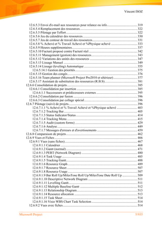 Vincent ISOZ
Microsoft Project 5/935
12.6.5.3 Envoi d'e-mail aux ressources pour relance ou info..................................... 319
12.6.5.4 Remplacement des ressources...................................................................... 322
12.6.5.5 Pilotage par l'effort....................................................................................... 322
12.6.5.6 Jeu du calendrier des ressources................................................................... 330
12.6.5.7 Jeu de contour de travail des ressources....................................................... 331
12.6.5.8 % Achevé et % Travail Achevé et %Physique achevé ................................ 333
12.6.5.9 Heures supplémentaires................................................................................ 337
12.6.5.10 Facturé proposé contre Facturé réel ........................................................... 342
12.6.5.11 Management (gestion) des ressources........................................................ 343
12.6.5.12 Variations des unités des ressources .......................................................... 347
12.6.5.13 Lissage Manuel .......................................................................................... 349
12.6.5.14 Lissage (leveling) Automatique ................................................................. 355
12.6.5.14.1 Gestion des priorités............................................................................ 375
12.6.5.15 Gestion des congés..................................................................................... 376
12.6.5.16 Team planner (Microsoft Project Pro2010 et ultérieur)............................. 377
12.6.5.17 Assistant de substitution des ressources (R.B.S)........................................ 381
12.6.6 Consolidation de projets...................................................................................... 385
12.6.6.1 Consolidation par insertion .......................................................................... 385
12.6.6.1.1 Successeurs et prédécesseurs externes .................................................. 395
12.6.6.2 Consolidation par fusion .............................................................................. 396
12.6.6.3 Consolidation par collage spécial................................................................. 396
12.6.7 Pilotage (suivi) de projets.................................................................................... 396
12.6.7.1.1 % Achevé et % Travail Achevé et %Physique achevé ......................... 403
12.6.7.1.2 Tracking Bar.......................................................................................... 405
12.6.7.1.3 Status Indicator/Status........................................................................... 414
12.6.7.1.4 Tracking Menu ...................................................................................... 415
12.6.7.1.5 Audit (custom forms) ............................................................................ 429
12.6.7.1.6 Analyse.................................................................................................. 449
12.6.7.1.7 Messages d'erreurs et d'avertissements ................................................. 459
12.6.8 Comparaison de projets....................................................................................... 462
12.6.9 Vues et Fiches ..................................................................................................... 466
12.6.9.1 Vues (sans fiches)......................................................................................... 467
12.6.9.1.1 Calendrier.............................................................................................. 468
12.6.9.1.2 Gantt (normal)....................................................................................... 471
12.6.9.1.3 PERT (Network Diagram) .................................................................... 480
12.6.9.1.4 Task Usage ............................................................................................ 485
12.6.9.1.5 Tracking Gantt....................................................................................... 488
12.6.9.1.6 Resource Graph..................................................................................... 489
12.6.9.1.7 Resource Sheet ...................................................................................... 507
12.6.9.1.8 Resource Usage..................................................................................... 507
12.6.9.1.9 Bar Roll Up/MilesTone Roll Up/MilesTone Date Roll Up .................. 509
12.6.9.1.10 Descriptive Network Diagram ............................................................ 511
12.6.9.1.11 Levelling Gantt.................................................................................... 511
12.6.9.1.12 Multiple Baseline Gantt ...................................................................... 512
12.6.9.1.13 Relationship Diagram.......................................................................... 513
12.6.9.1.14 Resource allocation ............................................................................. 513
12.6.9.1.15 Task Sheet ........................................................................................... 514
12.6.9.1.16 Visio WBS Chart Task Selection........................................................ 514
12.6.9.2 Vues avec fiches........................................................................................... 514
 