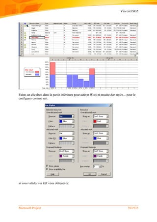Vincent ISOZ
Microsoft Project 503/935
Faites un clic droit dans la partie inférieure pour activer Work et ensuite Bar styles… pour le
configurer comme suit:
si vous validez sur OK vous obtiendrez:
 