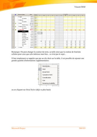 Vincent ISOZ
Microsoft Project 508/935
Remarque: On peut changer la couleur du texte, sa taille ainsi que la couleur de fond des
cellules pour ceux que cela intéresse mais bon... ce n'est pas le sujet...
Il faut simplement se rappeler que par un clic droit sur la table, il est possible de rajouter une
grande quantité d'informations supplémentaires:
ou en cliquant sur Detal Styles (déjà vu plus haut):
 