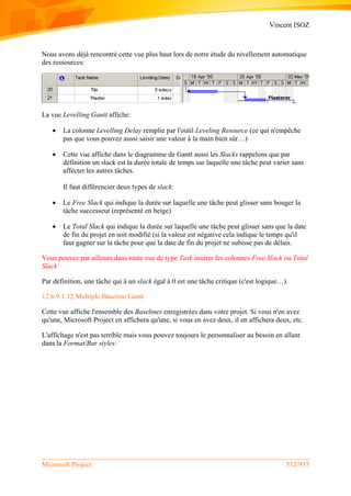 Vincent ISOZ
Microsoft Project 512/935
Nous avons déjà rencontré cette vue plus haut lors de notre étude du nivellement automatique
des ressources:
La vue Levelling Gantt affiche:
 La colonne Levelling Delay remplie par l'outil Leveling Resource (ce qui n'empêche
pas que vous pouvez aussi saisir une valeur à la main bien sûr…)
 Cette vue affiche dans le diagramme de Gantt aussi les Slacks rappelons que par
définition un slack est la durée totale de temps sur laquelle une tâche peut varier sans
affecter les autres tâches.
Il faut différencier deux types de slack:
 Le Free Slack qui indique la durée sur laquelle une tâche peut glisser sans bouger la
tâche successeur (représenté en beige)
 Le Total Slack qui indique la durée sur laquelle une tâche peut glisser sans que la date
de fin du projet en soit modifié (si la valeur est négative cela indique le temps qu'il
faut gagner sur la tâche pour que la date de fin du projet ne subisse pas de délais.
Vous pouvez par ailleurs dans toute vue de type Task insérer les colonnes Free Slack ou Total
Slack
Par définition, une tâche qui à un slack égal à 0 est une tâche critique (c'est logique…).
12.6.9.1.12 Multiple Baseline Gantt
Cette vue affiche l'ensemble des Baselines enregistrées dans votre projet. Si vous n'en avez
qu'une, Microsoft Project en affichera qu'une, si vous en avez deux, il en affichera deux, etc.
L'affichage n'est pas terrible mais vous pouvez toujours le personnaliser au besoin en allant
dans la Format/Bar styles:
 